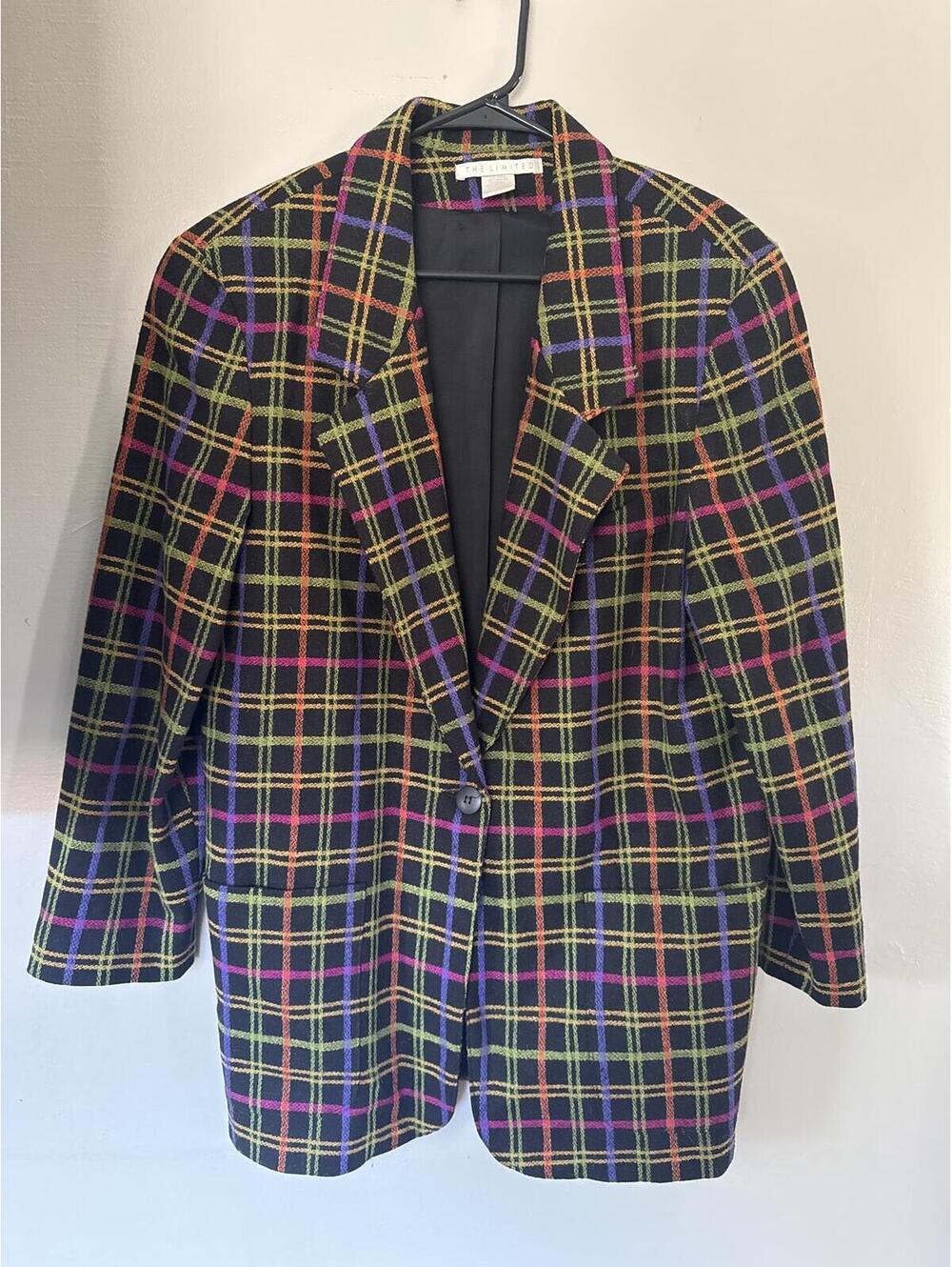 Vintage The Limited Wool Blazer Multicolor Neon Plaid Black 80s USA Size M
